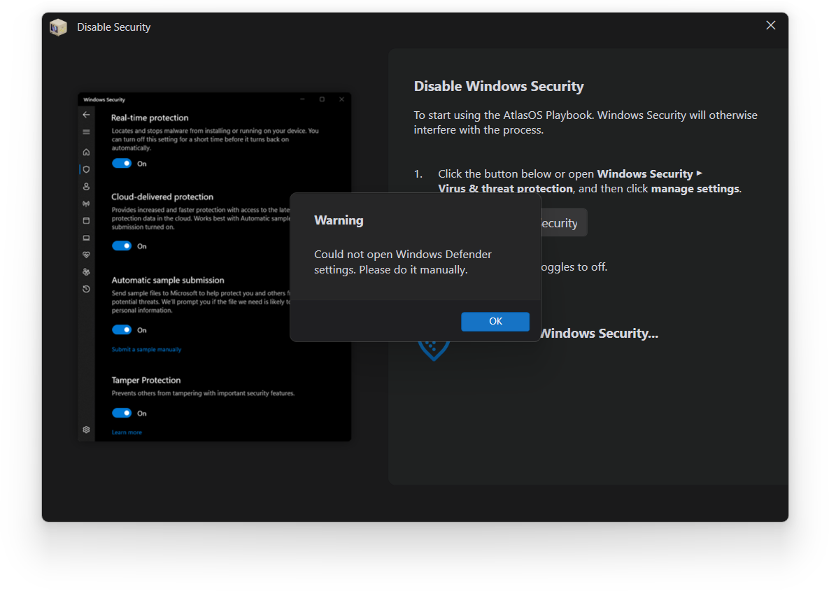 AME Wizard erroring saying it can't open Windows Defender settings