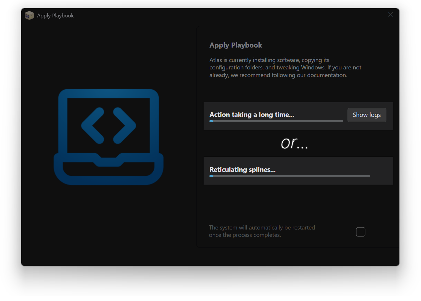 AME Wizard 'Apply Playbook' window demonstrating what 'Reticulating Splines' and 'Action taking a long time' looks like